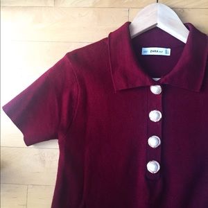 ZARA Burgundy Knit Shift Dress with Pearl Buttons